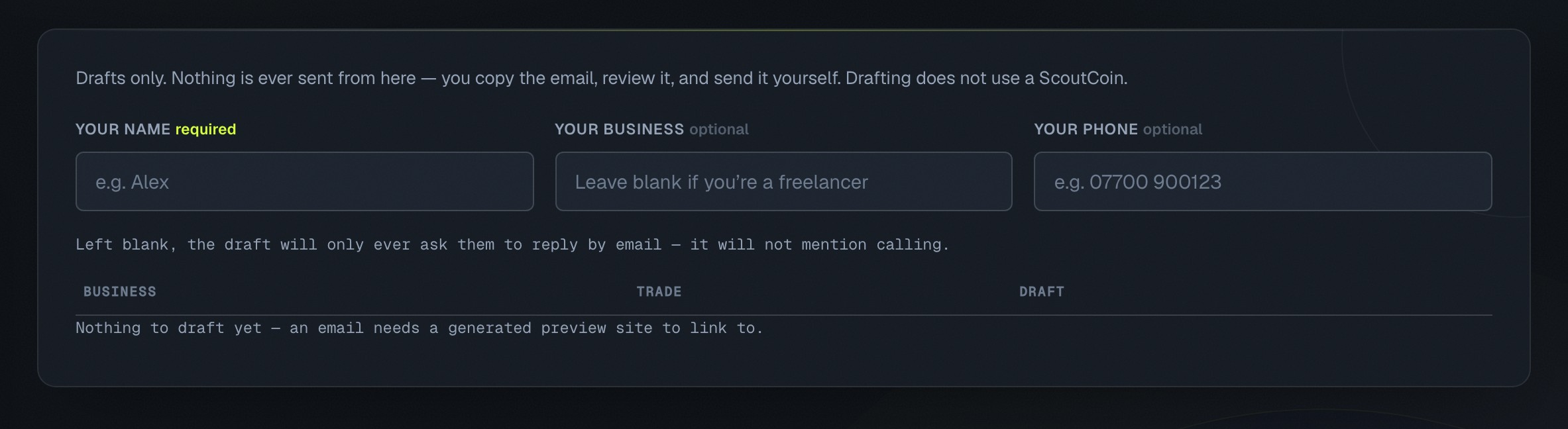 The draft screen, showing an outreach email written for one business.